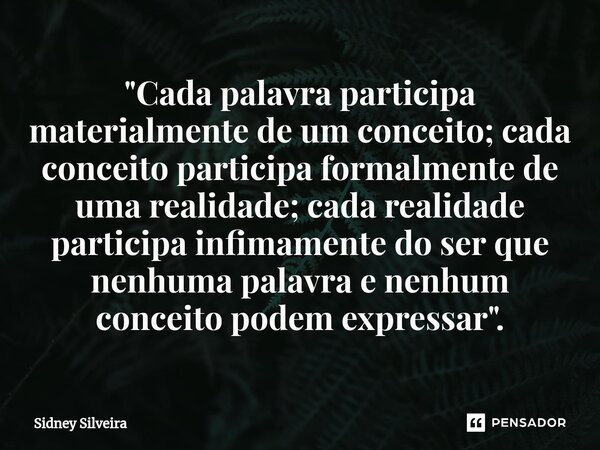 ⁠"Cada palavra participa materialmente de um conceito; cada conceito participa formalmente de uma realidade; cada realidade participa infimamente do ser qu... Frase de Sidney Silveira.