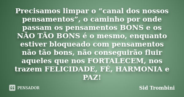 Precisamos limpar o “canal dos nossos pensamentos”, o caminho por onde passam os pensamentos BONS e os NÃO TÃO BONS é o mesmo, enquanto estiver bloqueado com pe... Frase de Sid Trombini.