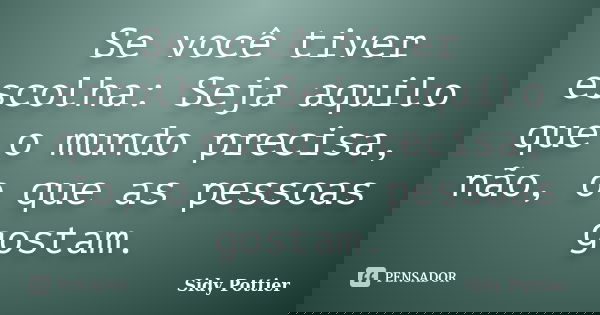 Se você tiver escolha: Seja aquilo que o mundo precisa, não, o que as pessoas gostam.... Frase de Sidy Pottier.