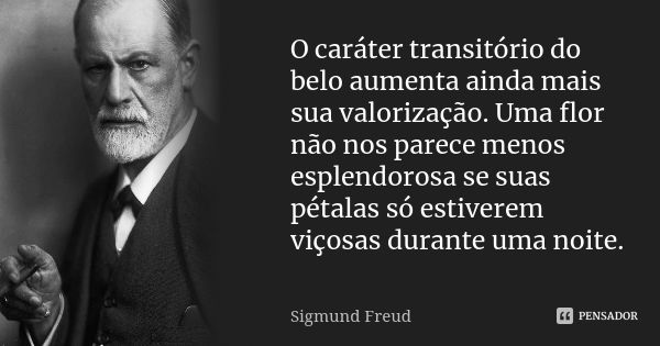 O caráter transitório do belo aumenta ainda mais sua valorização. Uma flor não nos parece menos esplendorosa se suas pétalas só estiverem viçosas durante uma no... Frase de Sigmund Freud.