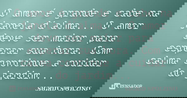 O amor é grande e cabe na janela d´alma... O amor deve ser maior para esperar sua hora. Com calma continue a cuidar do jardim...... Frase de SIGRID SPOLZINO.