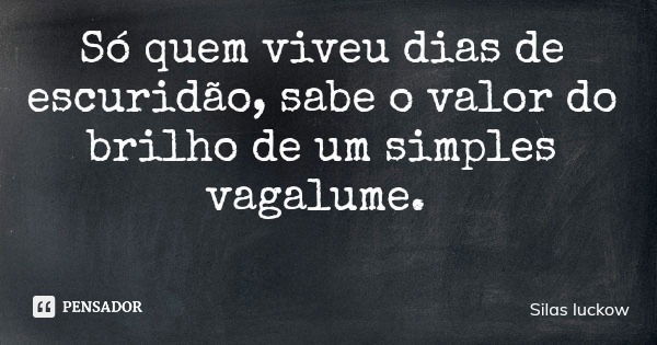 Só quem viveu dias de escuridão, sabe o valor do brilho de um simples vagalume.... Frase de Silas luckow.