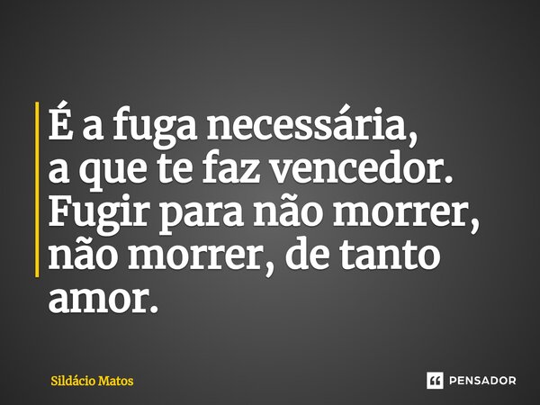⁠É a fuga necessária, a que te faz vencedor. Fugir para não morrer, não morrer, de tanto amor.... Frase de Sildácio Matos.
