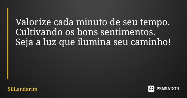 Valorize cada minuto de seu tempo. Cultivando os bons sentimentos. Seja a luz que ilumina seu caminho!... Frase de SilLandarim.