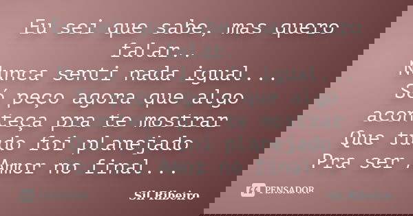 Eu sei que sabe, mas quero falar.. Nunca senti nada igual... Só peço agora que algo aconteça pra te mostrar Que tudo foi planejado Pra ser Amor no final...... Frase de Sil Ribeiro.