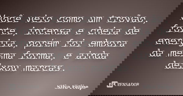 Você veio como um trovão, forte, intensa e cheia de energia, porém foi embora da mesma forma, e ainda deixou marcas.... Frase de Silva Felipe.