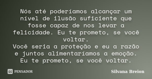 Nós até poderíamos alcançar um nível de ilusão suficiente que fosse capaz de nos levar a felicidade. Eu te prometo, se você voltar. Você seria a proteção e eu a... Frase de Silvana Breion.