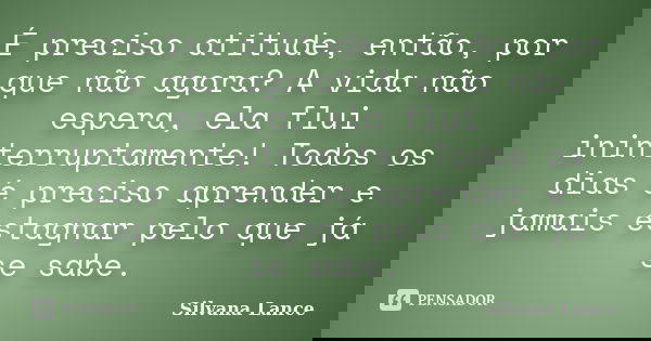 É preciso atitude, então, por que não agora? A vida não espera, ela flui ininterruptamente! Todos os dias é preciso aprender e jamais estagnar pelo que já se sa... Frase de Silvana Lance.