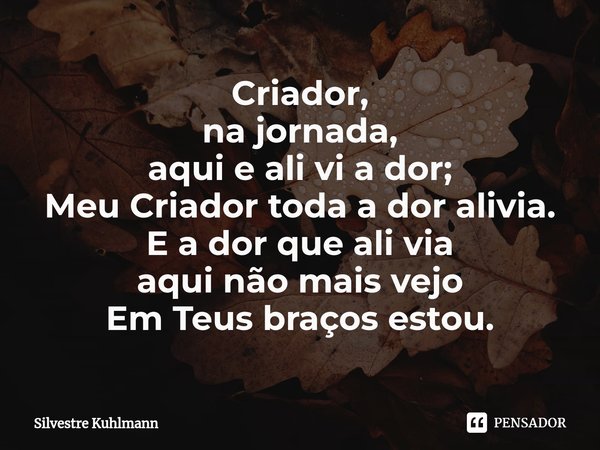 ⁠Criador, na jornada, aqui e ali vi a dor; Meu Criador toda a dor alivia. E a dor que ali via aqui não mais vejo Em Teus braços estou.... Frase de Silvestre Kuhlmann.