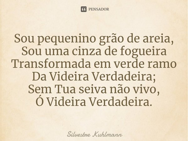 ⁠Sou pequenino grão de areia, Sou uma cinza de fogueira Transformada em verde ramo Da Videira Verdadeira; Sem Tua seiva não vivo, Ó Videira Verdadeira.... Frase de Silvestre Kuhlmann.