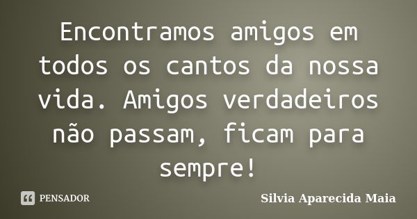 Encontramos amigos em todos os cantos da nossa vida. Amigos verdadeiros não passam, ficam para sempre!... Frase de Silvia Aparecida Maia.