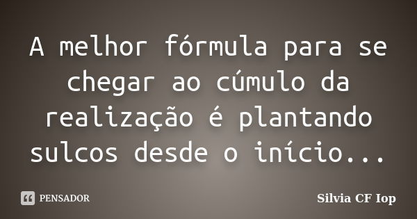 A melhor fórmula para se chegar ao cúmulo da realização é plantando sulcos desde o início...... Frase de Silvia CF Iop.