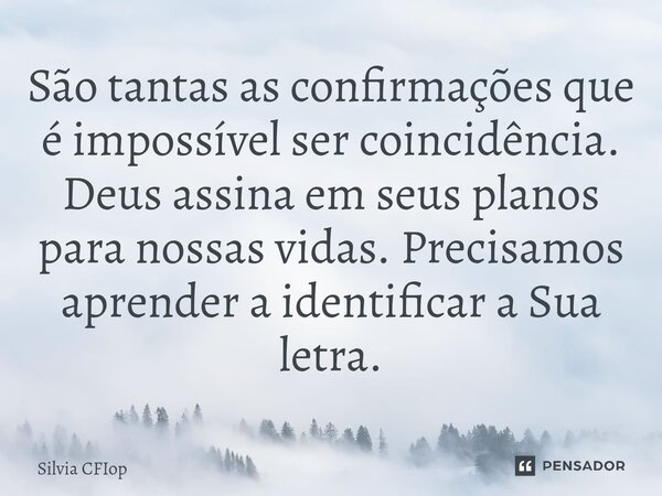 ⁠São tantas as confirmações que é impossível ser coincidência. Deus assina em seus planos para nossas vidas. Precisamos aprender a identificar a Sua letra.... Frase de Silvia CFIop.
