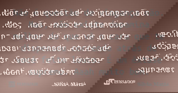 Não é questão de vingança não. Mas, não existe dopamina melhor do que vê o cara que te dispensou correndo atrás de você feito louco. É um êxtase supremo. Aaah m... Frase de Sílvia Maria.