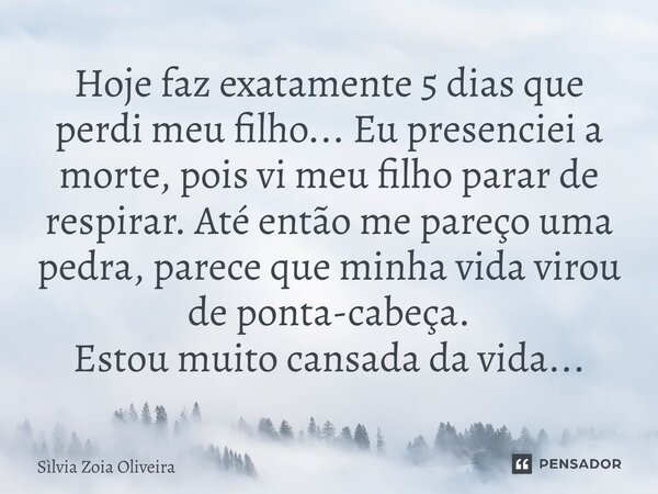 Hoje faz exatamente 5 dias que perdi meu filho... Eu presenciei a morte, pois vi meu filho parar de respirar. Até então me pareço uma pedra, parece que minha vi... Frase de Sìlvia Zoia Oliveira.