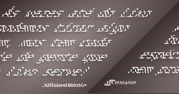 Às vezes até do lixo podemos tirar algo bom, mas tem cada espécie de gente que nem pra lixo serve!... Frase de SilvianeOdorico.