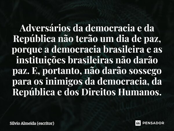 Adversários da democracia e da República não terão um dia de paz, porque a democracia brasileira e as instituições brasileiras não darão paz. E, portanto, não d... Frase de Silvio Almeida (escritor).