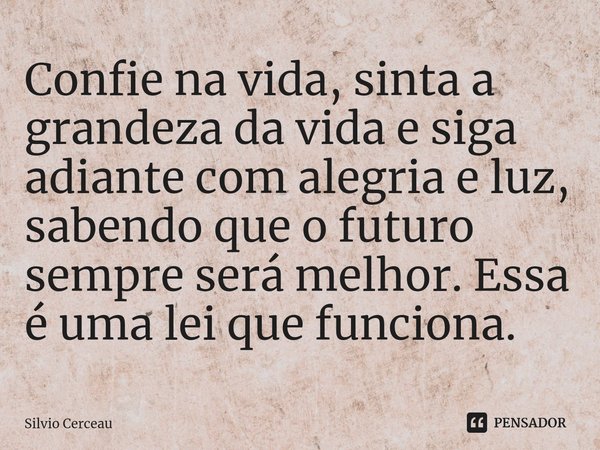 Confie na vida, sinta a grandeza da vida e siga adiante com alegria e luz, sabendo que o futuro sempre será melhor. Essa é uma lei que funciona.... Frase de Silvio Cerceau.