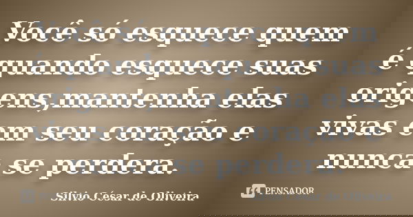Você só esquece quem é quando esquece suas origens,mantenha elas vivas em seu coração e nunca se perdera.... Frase de Silvio César de Oliveira.