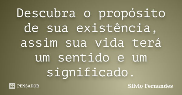 Descubra o propósito de sua existência, assim sua vida terá um sentido e um significado.... Frase de Silvio Fernandes.