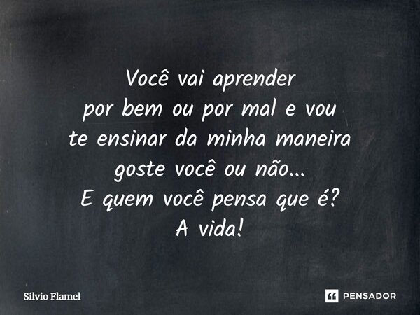 Você ⁠vai aprender por bem ou por mal e vou te ensinar da minha maneira goste você ou não... E quem você pensa que é? A vida!... Frase de Silvio Flamel.