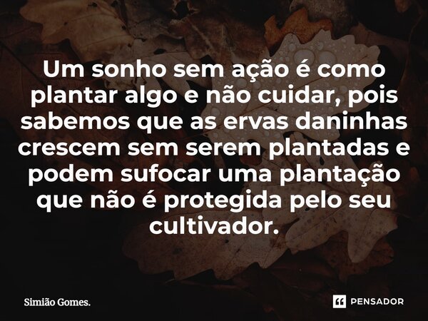⁠Um sonho sem ação é como plantar algo e não cuidar, pois sabemos que as ervas daninhas crescem sem serem plantadas e podem sufocar uma plantação que não é prot... Frase de Simião Gomes..