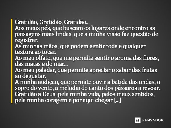 Gratidão, Gratidão, Gratidão... Aos meus pés, que buscam os lugares onde encontro as paisagens mais lindas, que a minha visão faz questão de registrar. As minha... Frase de Simone Rainha.
