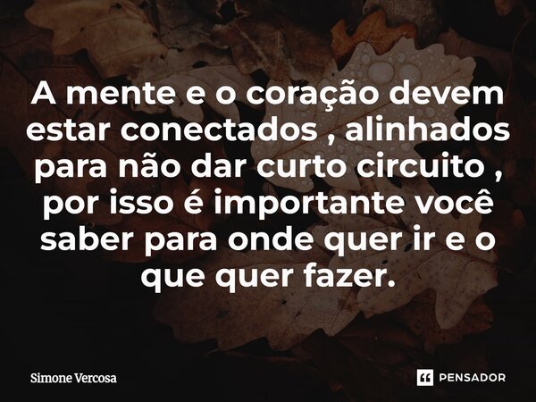 ⁠A mente e o coração devem estar conectados , alinhados para não dar curto circuito , por isso é importante você saber para onde quer ir e o que quer fazer.... Frase de Simone Vercosa.