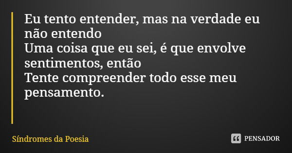 Eu tento entender, mas na verdade eu não entendo
Uma coisa que eu sei, é que envolve sentimentos, então
Tente compreender todo esse meu pensamento.... Frase de Síndromes da Poesia.