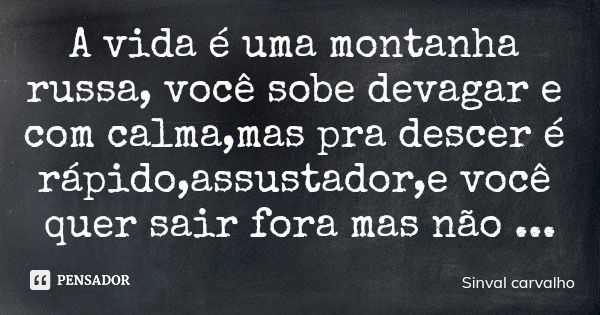 A vida é uma montanha russa, você sobe devagar e com calma,mas pra descer é rápido,assustador,e você quer sair fora mas não pode... Frase de Sinval carvalho.