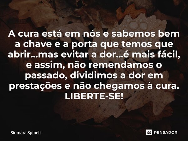 A cura está em nós e sabemos bem a chave e a porta que temos que abrir...mas evitar a dor...é mais fácil, e assim, não remendamos o passado, dividimos a dor em ... Frase de Siomara Spineli.