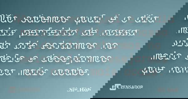 Não sabemos qual é o dia mais perfeito de nossa vida até estarmos no meio dele e desejarmos que nunca mais acabe.... Frase de Sir.Hob.