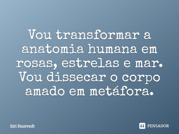 ⁠Vou transformar a anatomia humana em rosas, estrelas e mar. Vou dissecar o corpo amado em metáfora.... Frase de Siri Hustvedt.