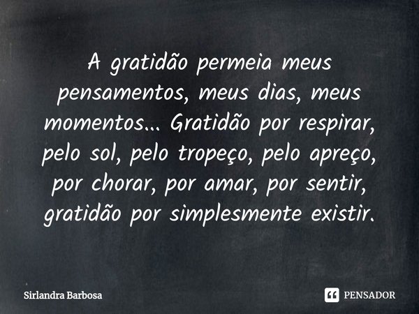 ⁠A gratidão permeia meus pensamentos, meus dias, meus momentos... Gratidão por respirar, pelo sol, pelo tropeço, pelo apreço, por chorar, por amar, por sentir, ... Frase de Sirlandra Barbosa.