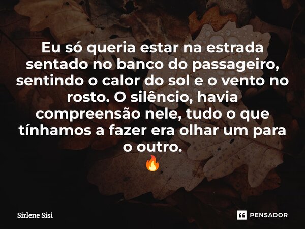 ⁠Eu só queria estar na estrada sentado no banco do passageiro, sentindo o calor do sol e o vento no rosto. O silêncio, havia compreensão nele, tudo o que tínham... Frase de Sirlene Sisi.