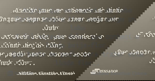Aceito que me chameis de bobo Porque sempre tive como amigo um lobo
E foi através dele, que conheci o lindo beija-flor,
Que tanto me pediu para trazer esta lind... Frase de Sitifane Faustino Erneio.