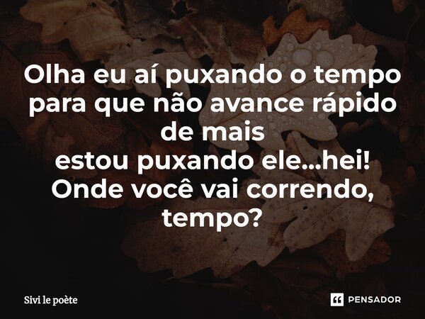 ⁠Olha eu aí puxando o tempo para que não avance rápido de mais estou puxando ele...hei! Onde você vai correndo, tempo?... Frase de Sivi le poète.