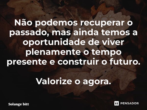 ⁠Não podemos recuperar o passado, mas ainda temos a oportunidade de viver plenamente o tempo presente e construir o futuro. Valorize o agora.... Frase de Solange Bittencourt.