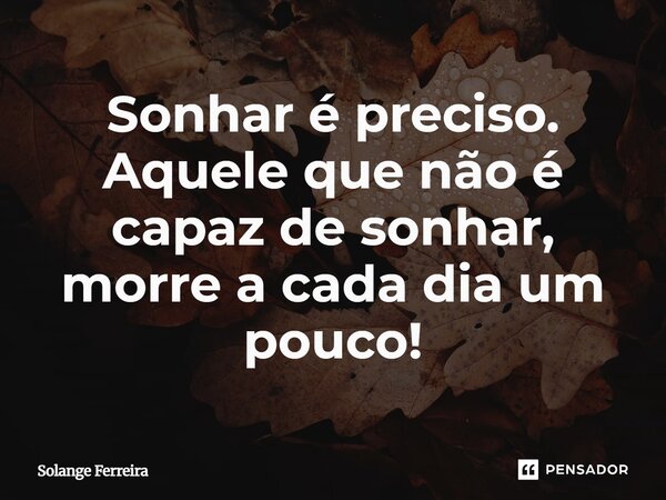 Sonhar é preciso. Aquele que não é capaz de sonhar morre a cada dia um pouco!... Frase de Solange Ferreira.