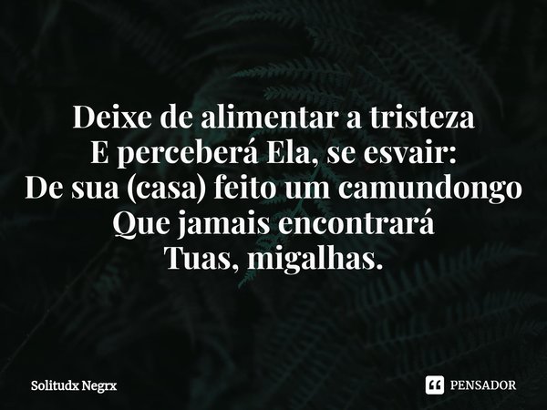 ⁠⁠⁠Deixe de alimentar a tristeza
E perceberá Ela, se esvair:
De sua (casa) feito um camundongo
Que jamais encontrará
Tuas, migalhas.... Frase de Solitudx negrx.