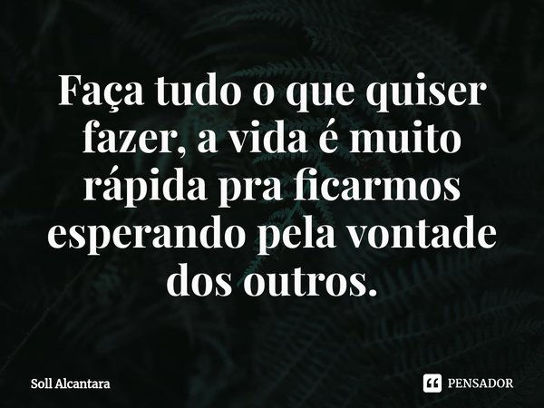 Faça tudo o que quiser fazer, a vida é muito rápida pra ficarmos esperando pela vontade dos outros.... Frase de Soll Alcantara.