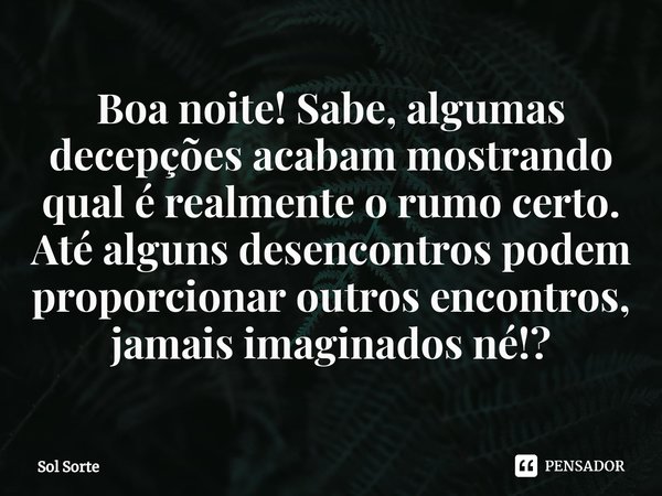 ⁠Boa noite! Sabe, algumas decepções acabam mostrando qual é realmente o rumo certo. Até alguns desencontros podem proporcionar outros encontros, jamais imaginad... Frase de Sol Sorte.