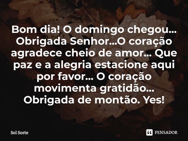 ⁠Bom dia! O domingo chegou... Obrigada Senhor...O coração agradece cheio de amor... Que paz e a alegria estacione aqui por favor... O coração movimenta gratidão... Frase de Sol Sorte.