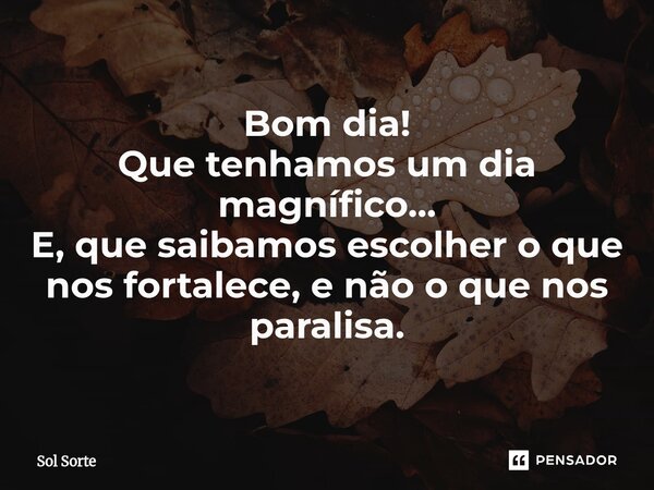 ⁠Bom dia! Que tenhamos um dia magnífico... E, que saibamos escolher o que nos fortalece, e não o que nos paralisa.... Frase de Sol Sorte.