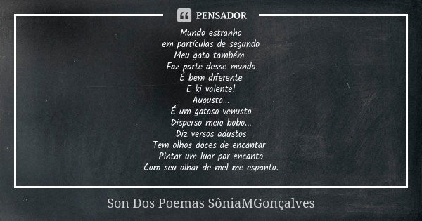 Mundo estranho em partículas de segundo Meu gato também Faz parte desse mundo É bem diferente E ki valente! Augusto... É um gatoso venusto Disperso meio bobo...... Frase de Son Dos Poemas *SôniaMGonçalves.