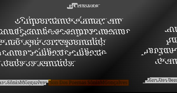 O importante é amar, em amando ganha-se sempre mesmo que não seja correspondido, porque o amor é liberto e liberta-te em todos os sentidos.... Frase de Son Dos Poemas *SôniaMGonçalves.