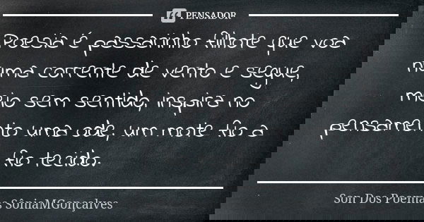 Poesia é passarinho filhote que voa numa corrente de vento e segue, meio sem sentido, inspira no pensamento uma ode, um mote fio a fio tecido.... Frase de Son Dos Poemas *SôniaMGonçalves.