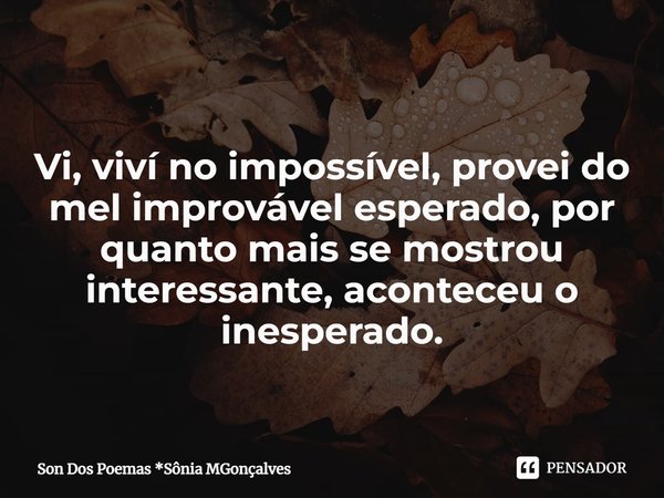 ⁠ Vi, viví no impossível, provei do mel improvável esperado, por quanto mais se mostrou interessante, aconteceu o inesperado.... Frase de Son Dos Poemas *Sônia MGonçalves.