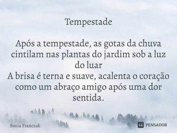 ⁠Tempestade Após a tempestade, as gotas da chuva cintilam nas plantas do jardim sob a luz do luar
A brisa é terna e suave, acalenta o coração como um abraço ami... Frase de Sonia Franczak.