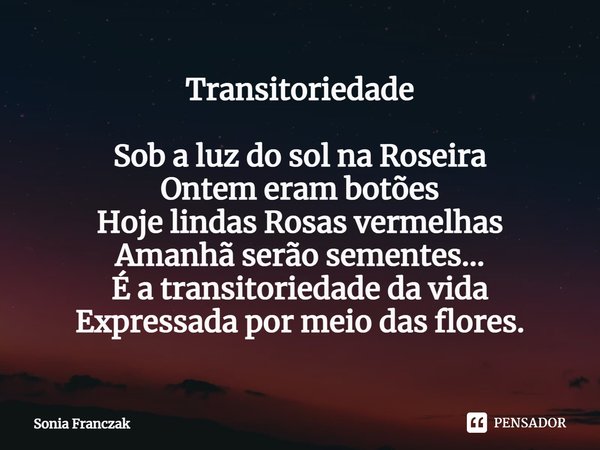 Transitoriedade Sob a luz do sol na Roseira
Ontem eram botões
Hoje lindas Rosas vermelhas
Amanhã serão sementes...
É a transitoriedade da vida
Expressada por me... Frase de Sonia Franczak.